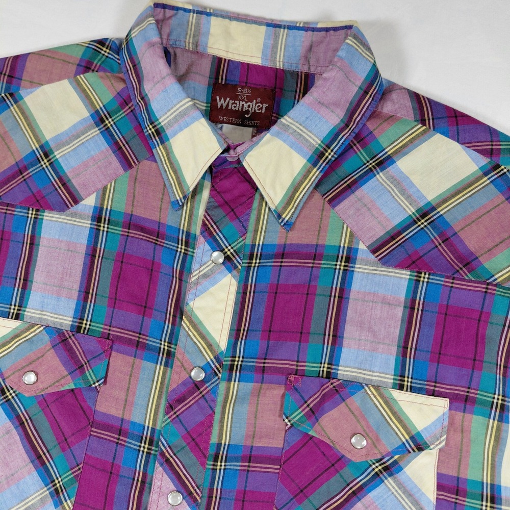 Vintage Wrangler Western Mens XXL Purple Plaid Short Sleeve Pearl Snap Shirt‎